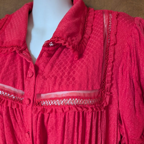 Free People Warm Glow Collared Button Front Mini Dress Cherry Crush Red - Picture 8 of 13